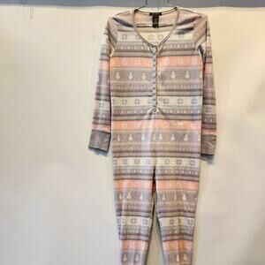 Suzy Shier Cozy Jumpsuit Pajamas Snowman Snap Pink Gray Women's Gifts Size S